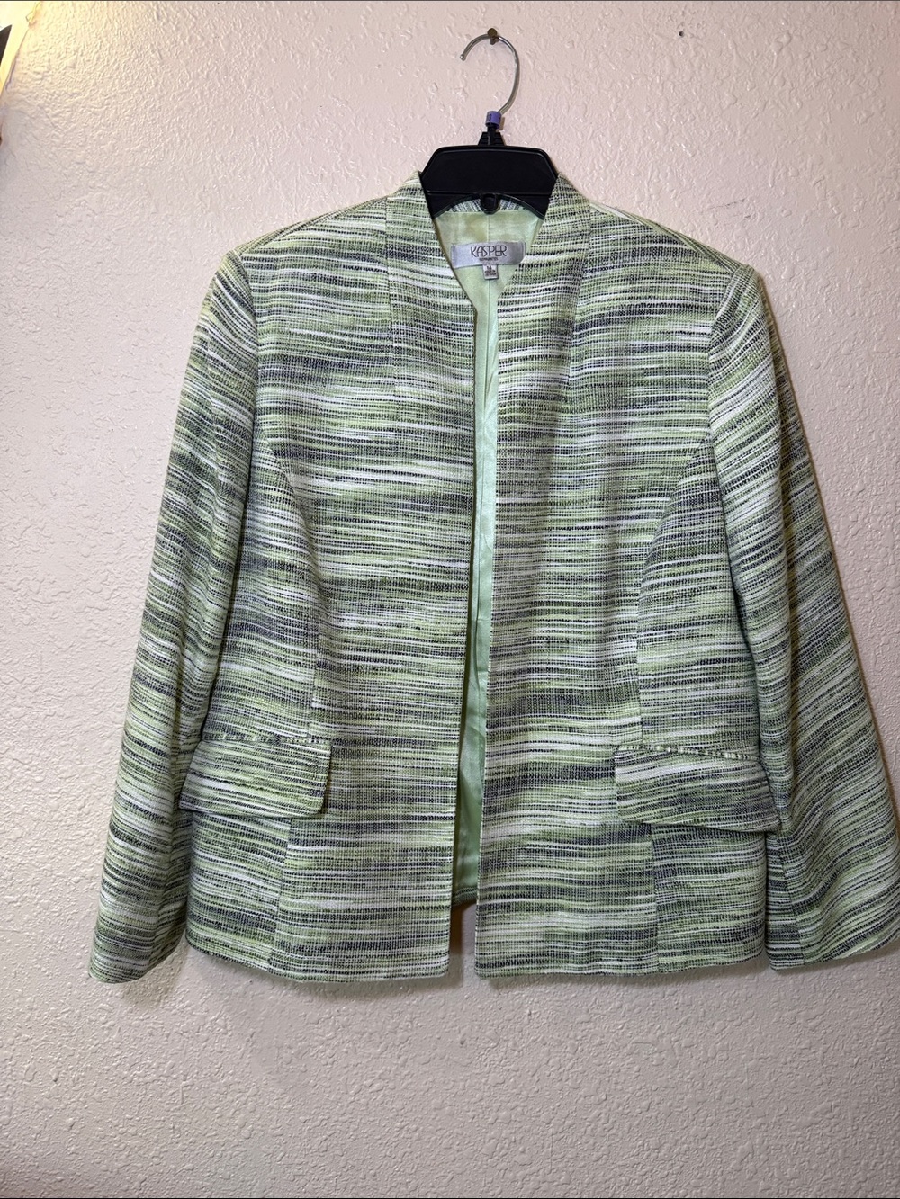 Kasper Light Green Striped Open-Front Blazer